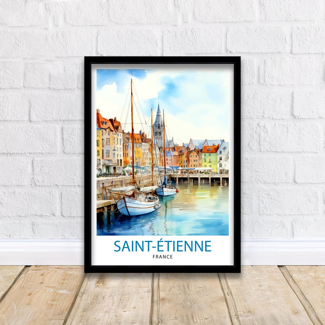 Saint Etienne France Watercolor Harbor Boats Old Town Travel Poster - Image 2