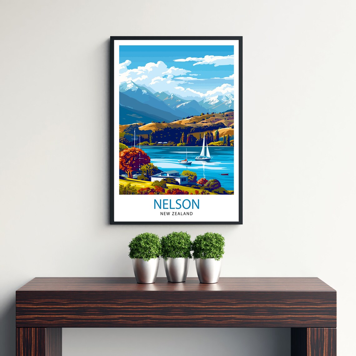 Nelson New Zealand Lake Boats Snowy Mountains Vintage Travel Poster - Image 3