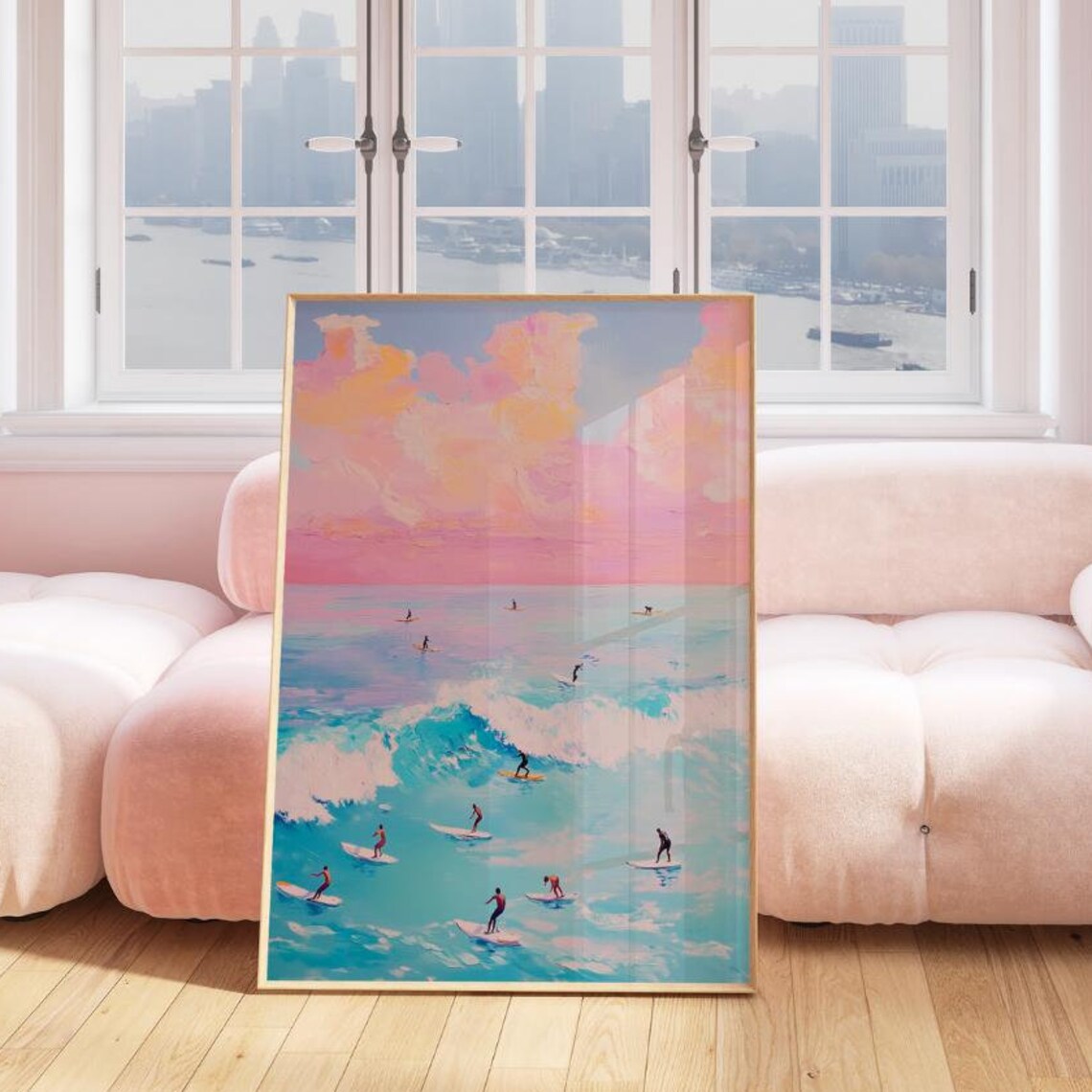 Aerial Surfing Painting Pastel Pink Ocean Waves Surf Art Poster