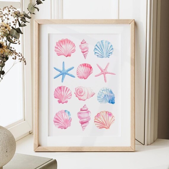 Pastel Seashell And Starfish Grid Watercolor Beach House Wall Poster