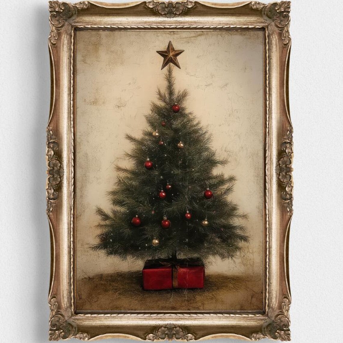 Rustic Farmhouse Christmas Tree With Red Ornaments And Star Poster