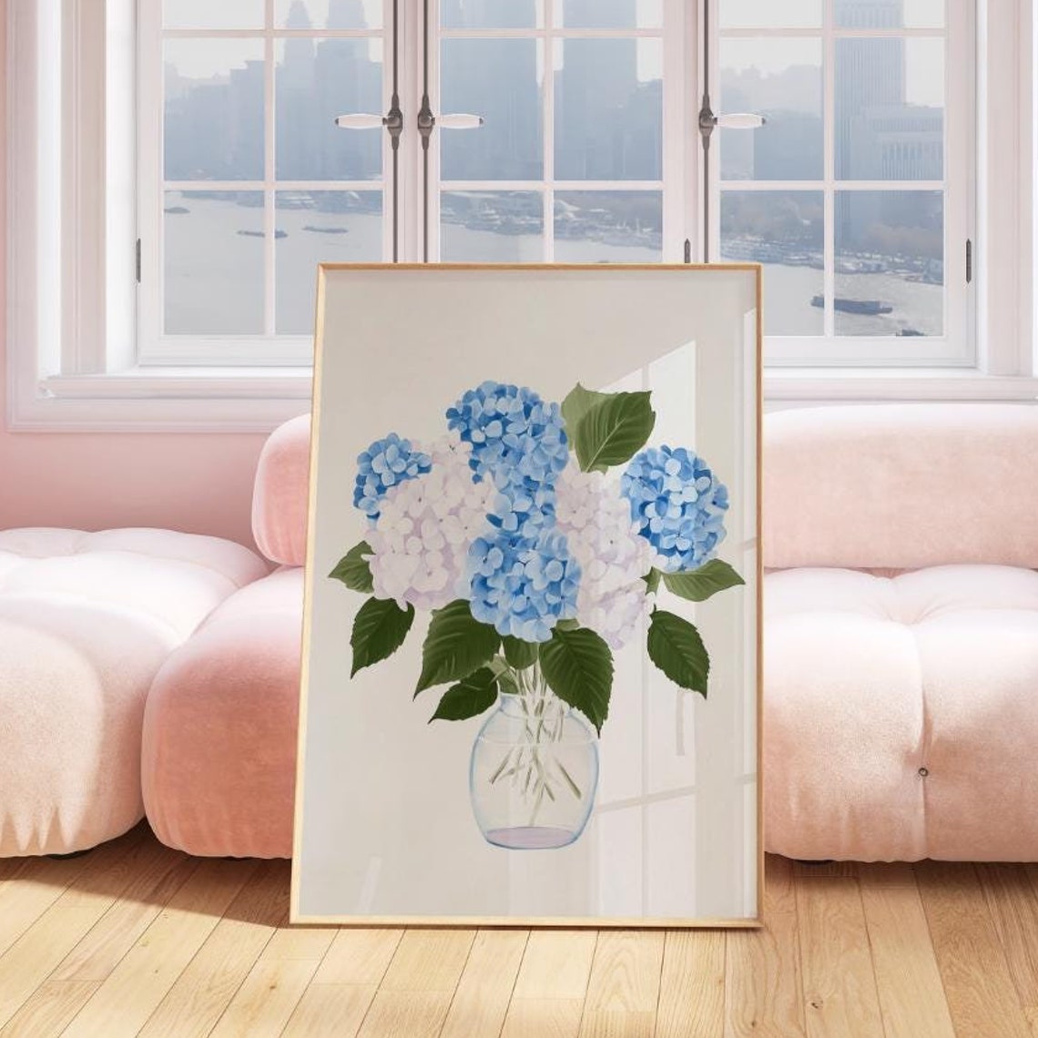 Blue White Hydrangea Bouquet Glass Vase Floral Watercolor Poster