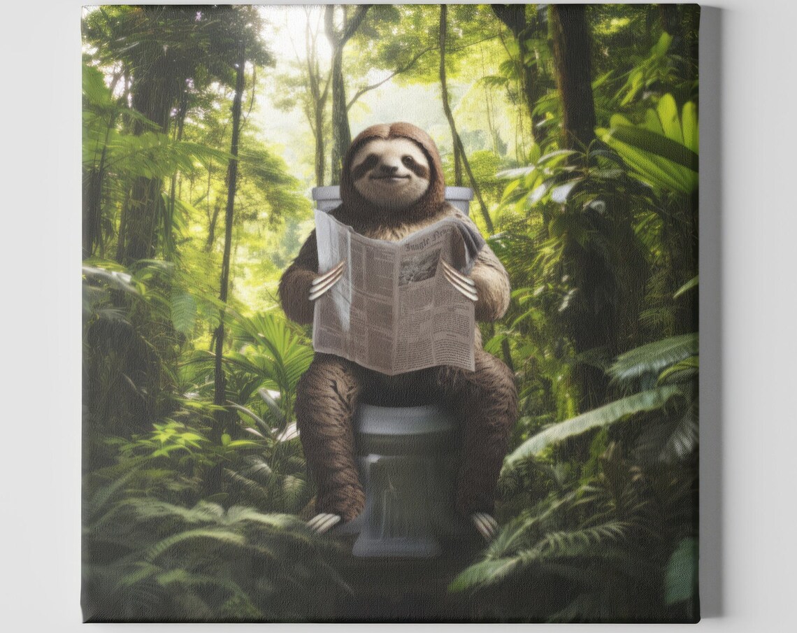 Sloth On A Toilet, Funny Bathroom Wall Art