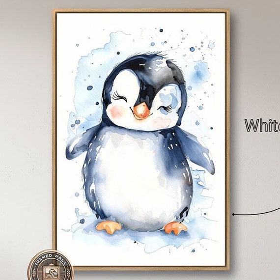 Adorable Baby Penguin Framed Wall Art Animal Watercolor Painting Print Cute Nursery Wall Decor Whimsical Large Poster Ready To Hang