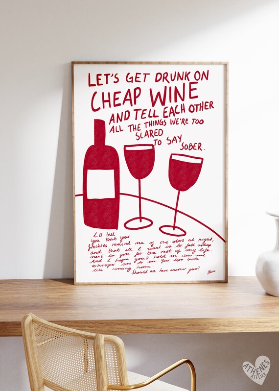 Cheap Wine Funny Hand Lettered Romantic Quote Bar Cart Wall Poster
