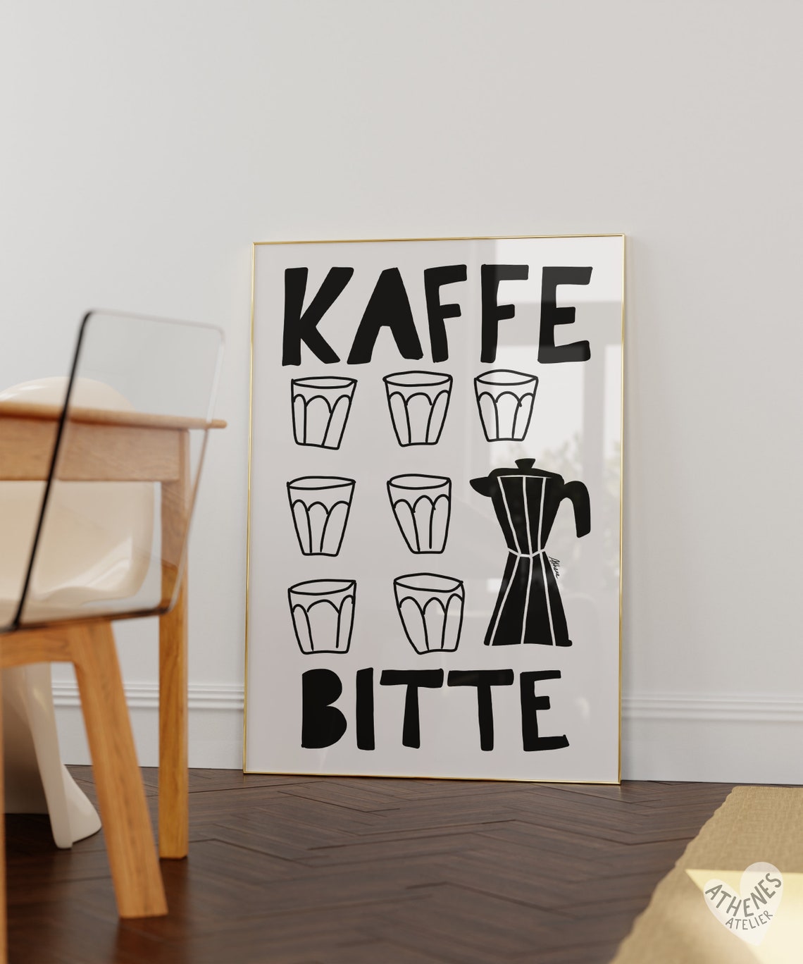 Kaffe Bitte German Coffee Cups and Moka Pot Kitchen Art Print