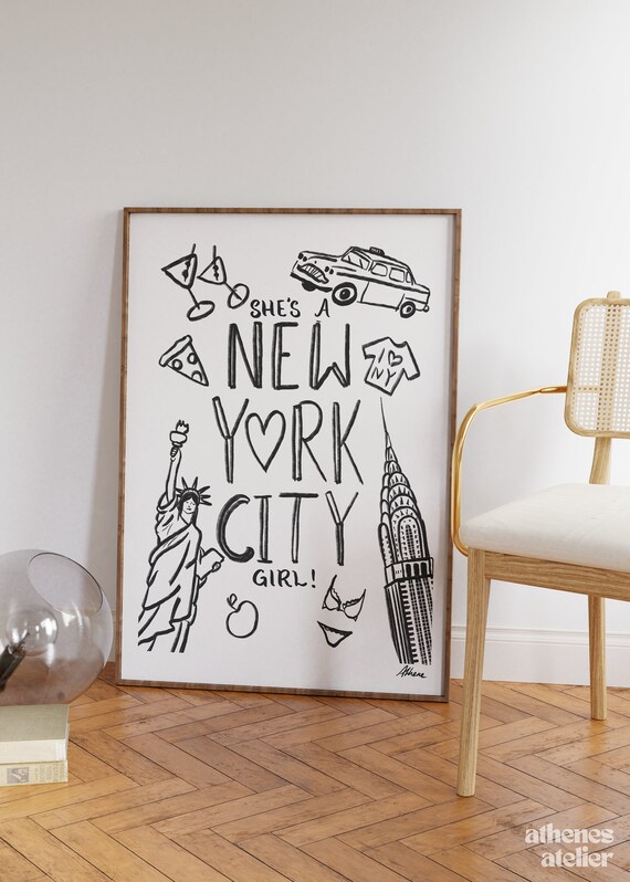 New York City Girl Trendy Poster Illustration Print Travel Hand Drawn Art Gifts