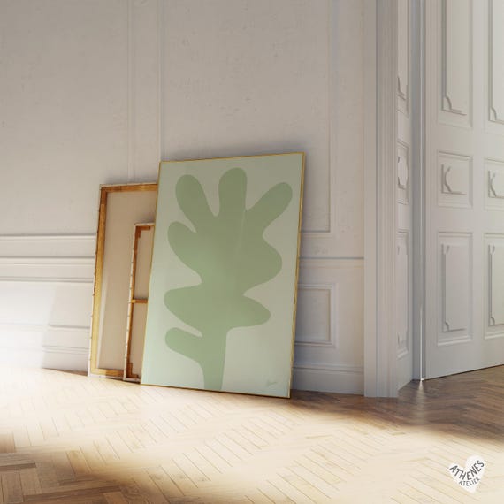Abstract Plant In Sage Green Dopamine Decor Wall Art Matisse Inspired Danish Pastel First Apartment