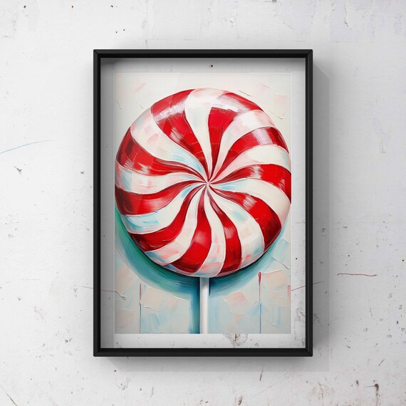 Red and White Peppermint Swirl Lollipop Candy Painting Poster
