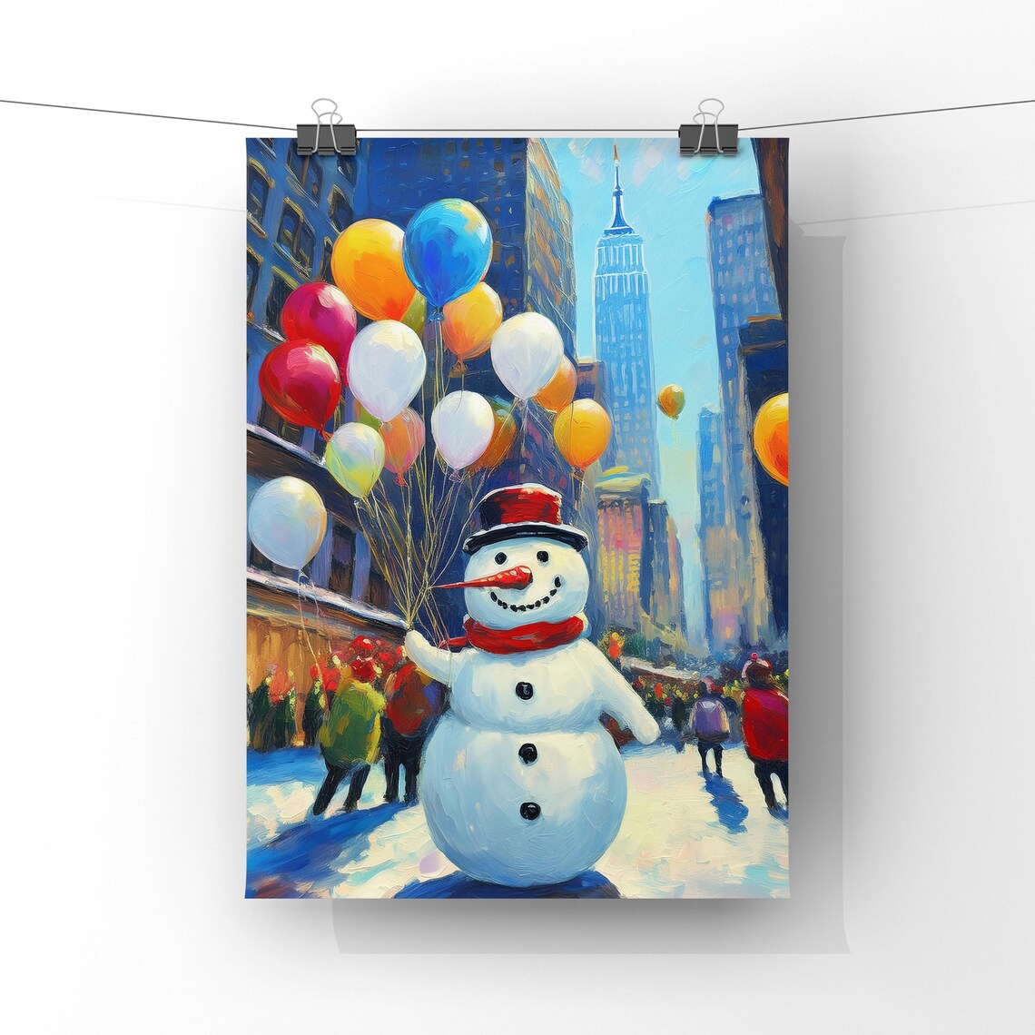 Happy Snowman with Balloons New York City Winter Painting Poster