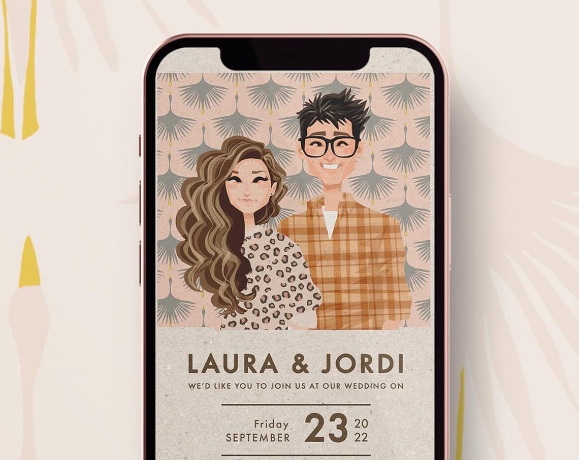 Custom Retro Wedding Invitation Illustration With Laura and Jordi Poster