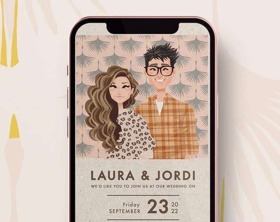 Custom Retro Wedding Invitation Illustration With Laura and Jordi Poster
