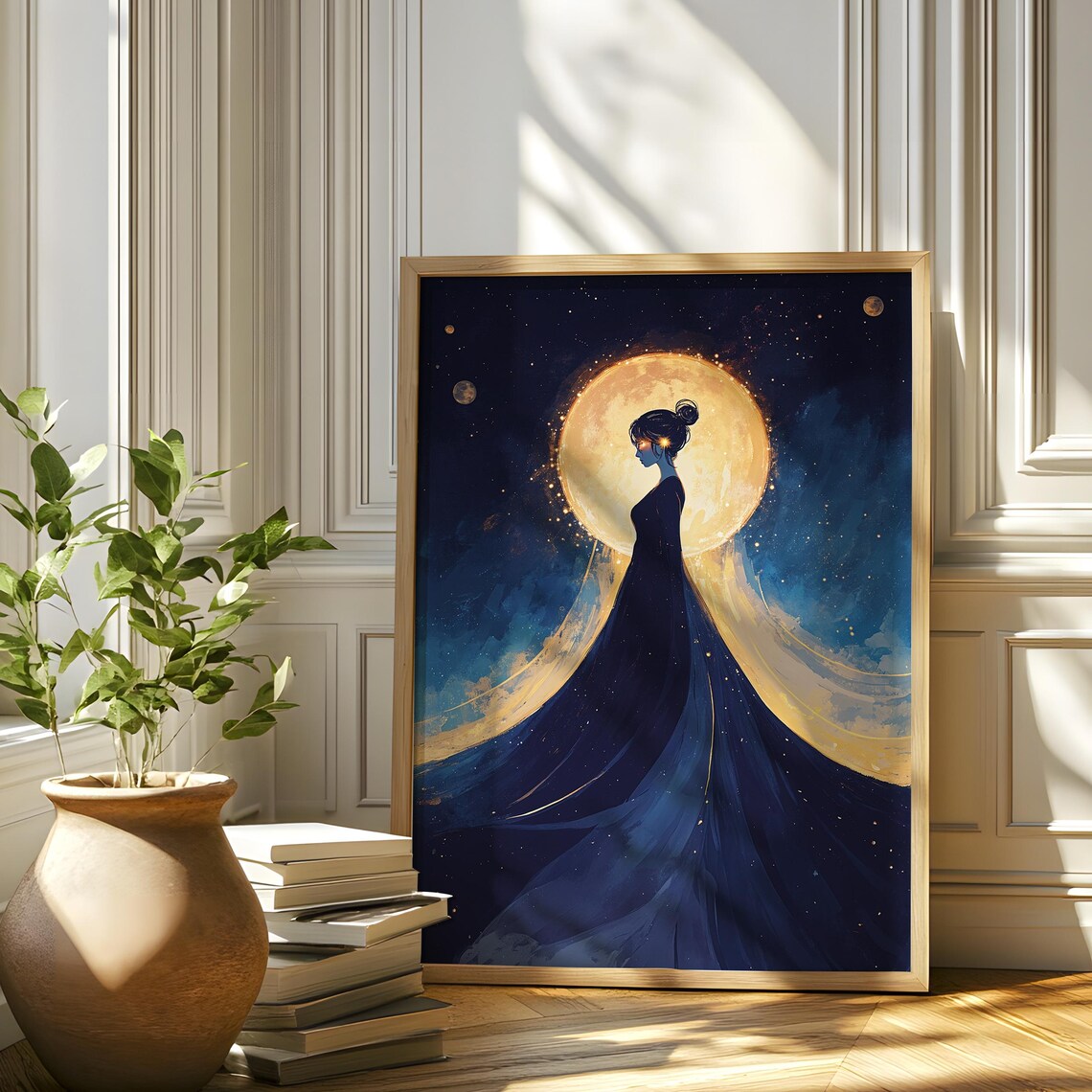 Woman Silhouette Golden Full Moon Flowing Starry Gown Dream Poster - Image 5