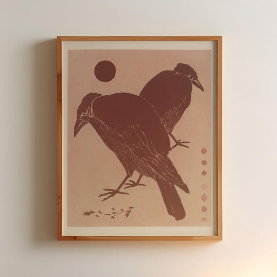Red Crow Norse Folk Art Poster, Boho Woodblock Print