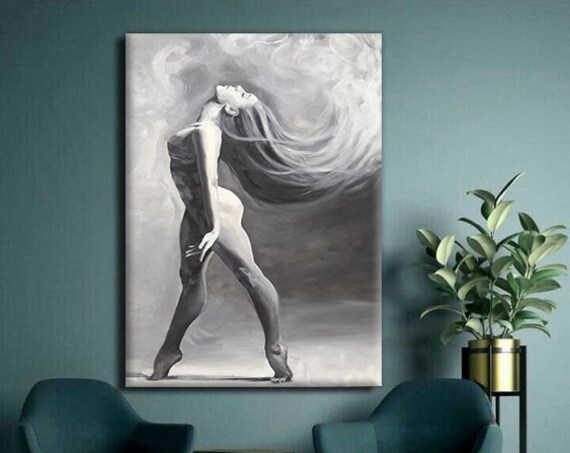 Black And White Nude Woman Dancing Flowing Hair Monochrome Art Painting Poster