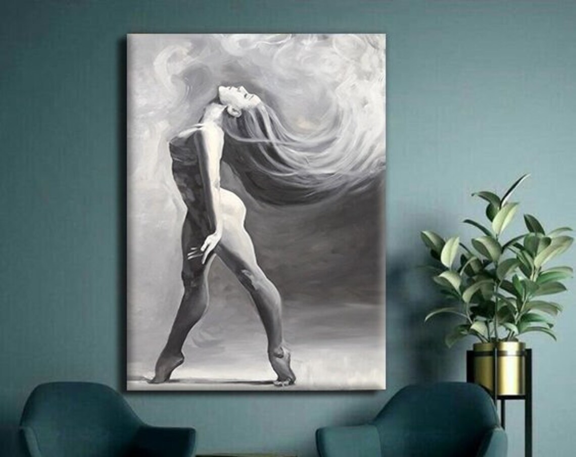 Black And White Nude Woman Dancing Flowing Hair Monochrome Art Painting Poster