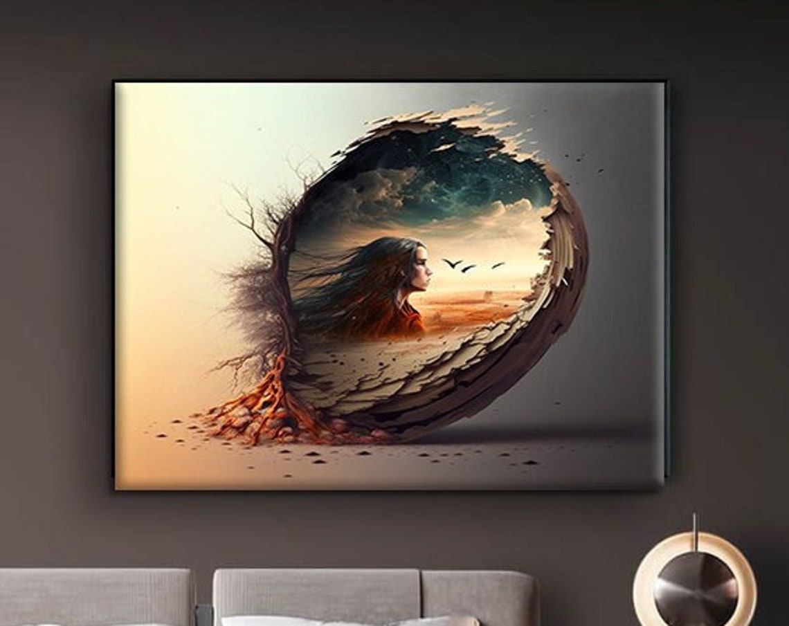 Surreal Woman Profile Cracked Eggshell Desert Dream World Art Print