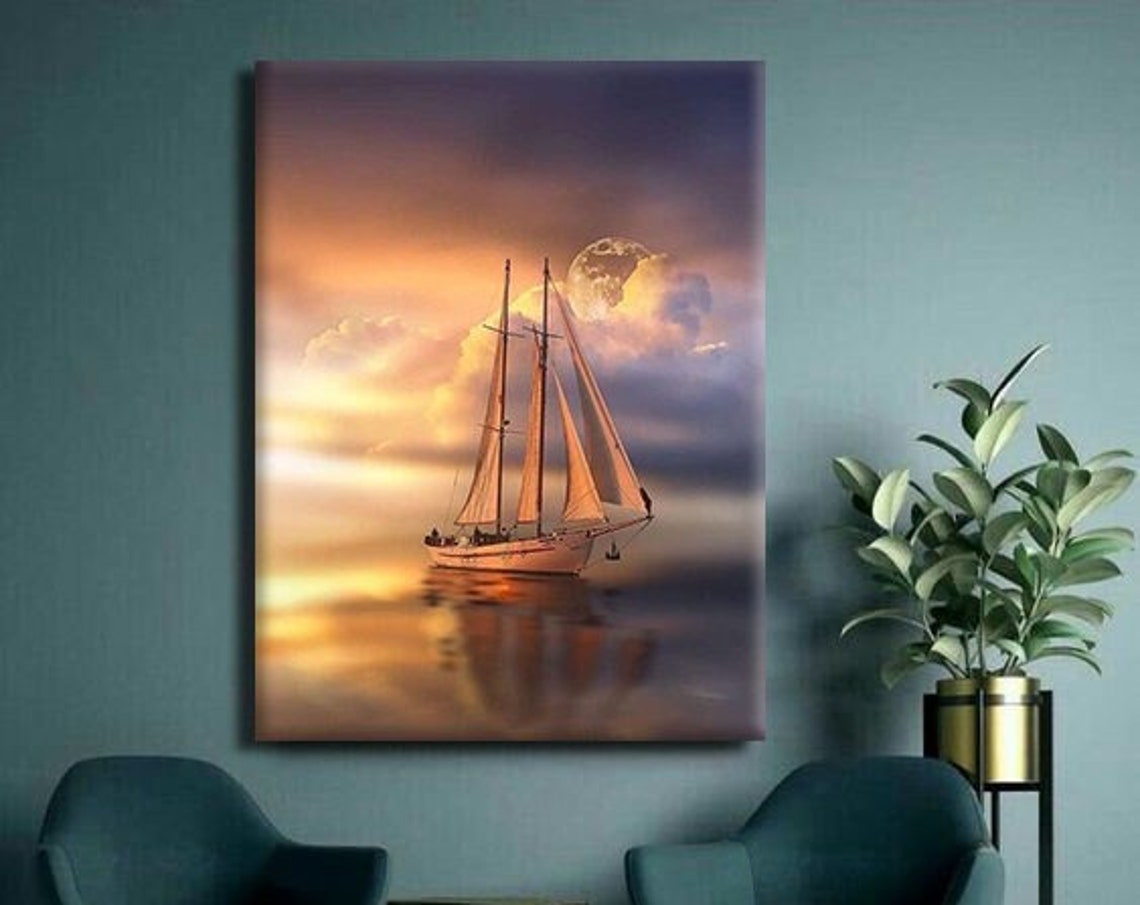 Sailing Ship Sunset Golden Clouds Moon Ocean Voyage Wall Art Print