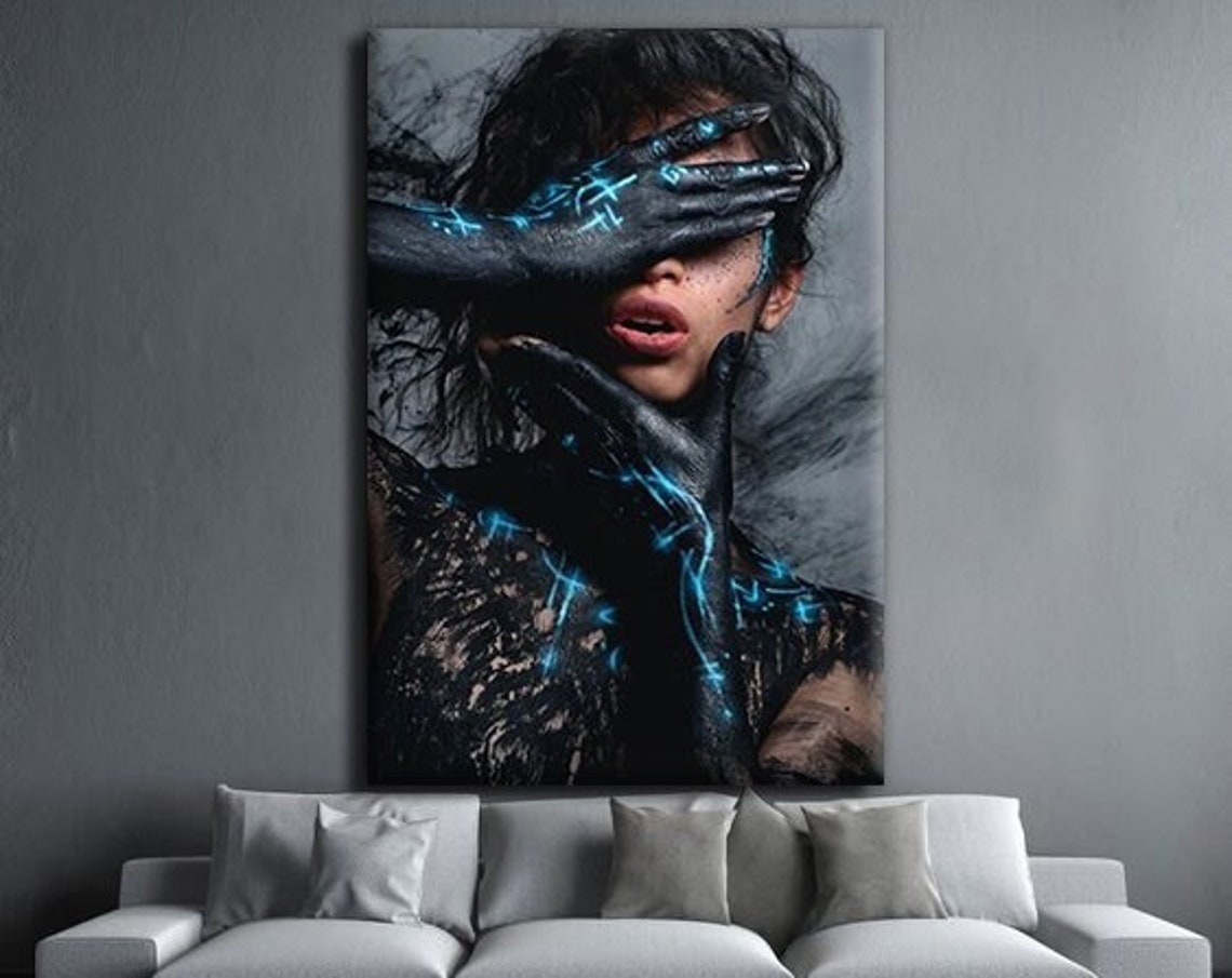 Woman Black Paint Hands Blue Glow Surreal Dark Portrait Art Print