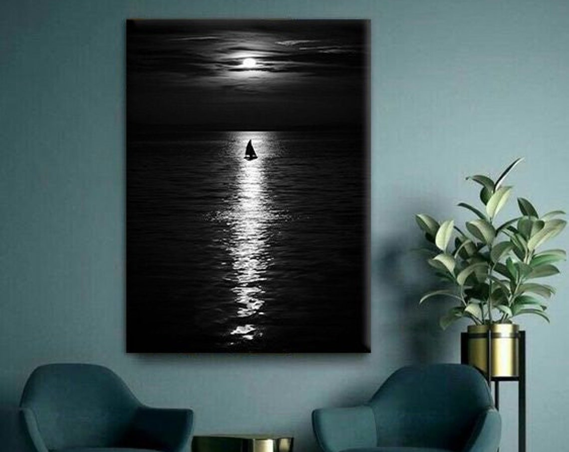 Moonlit Ocean Sailboat Black White Night Sea Landscape Wall Art Print