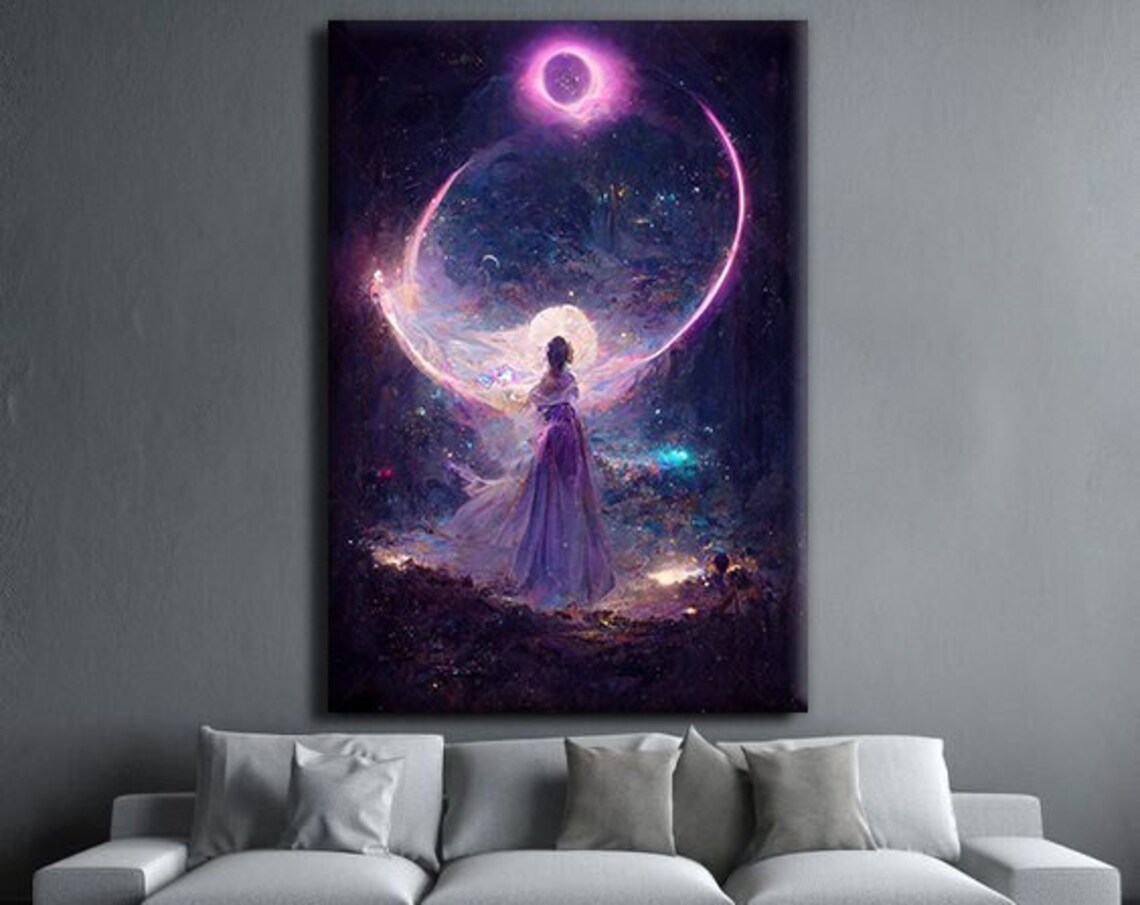 Woman Gazing Cosmic Moon Purple Galaxy Dreamscape Fantasy Surreal Art Poster