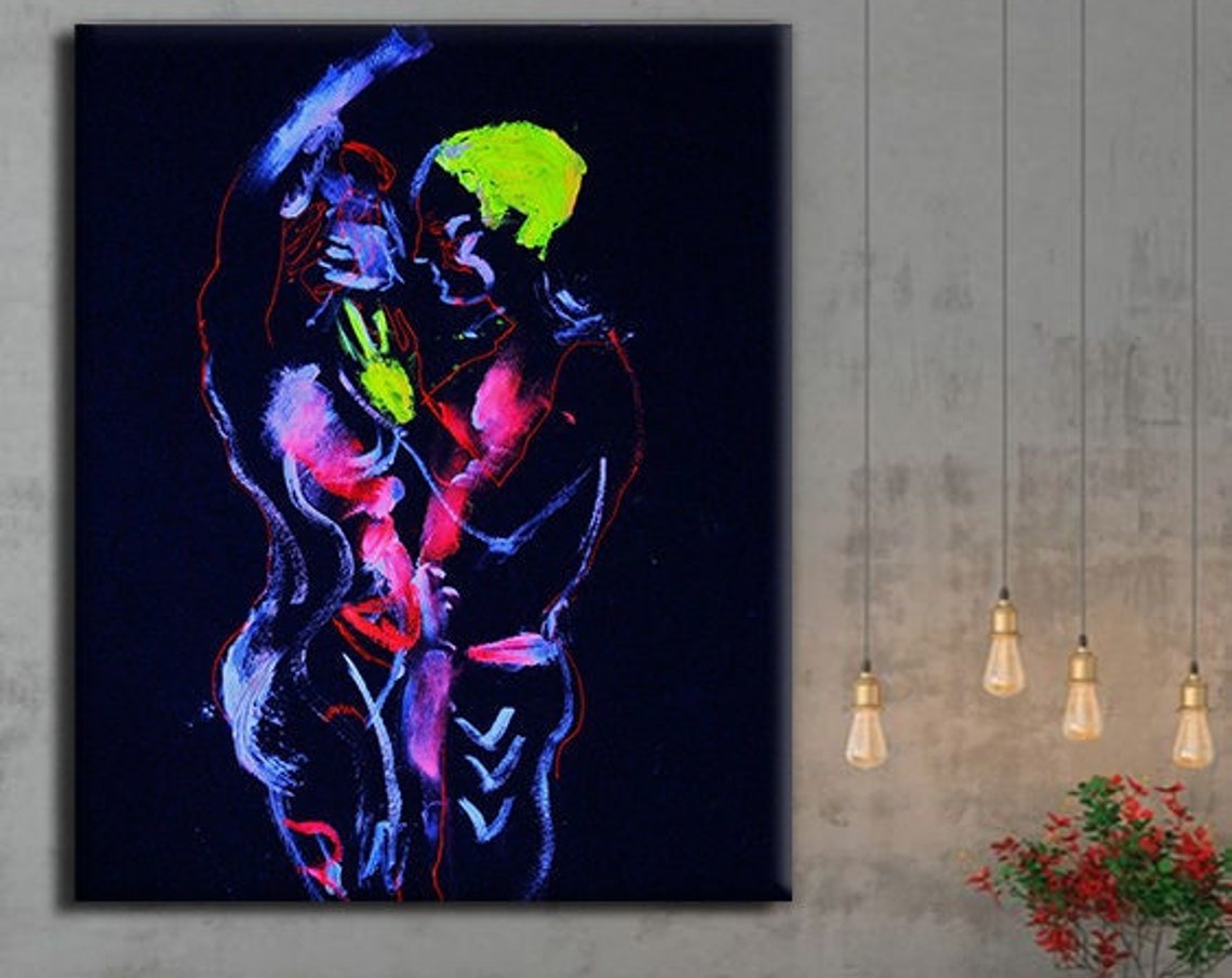 Neon Lovers Embrace Kiss Dark Background Romantic Couple Art Print
