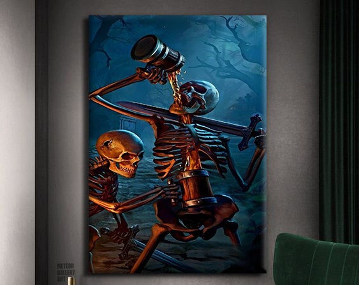 Drunk Skeletons Drinking Beer Moonlit Forest Fantasy Art Poster - Image 4