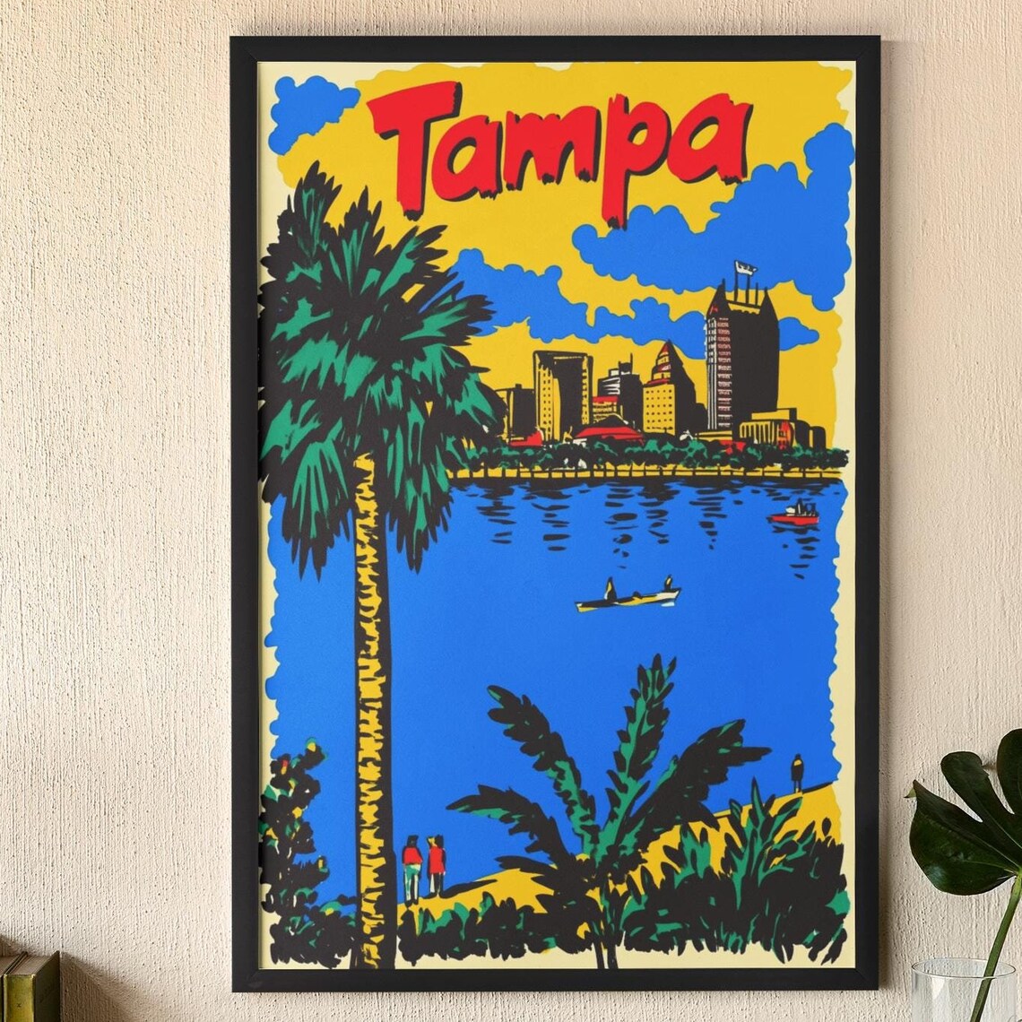 Tampa Florida Retro Travel Palm Trees Skyline Vintage Art Poster