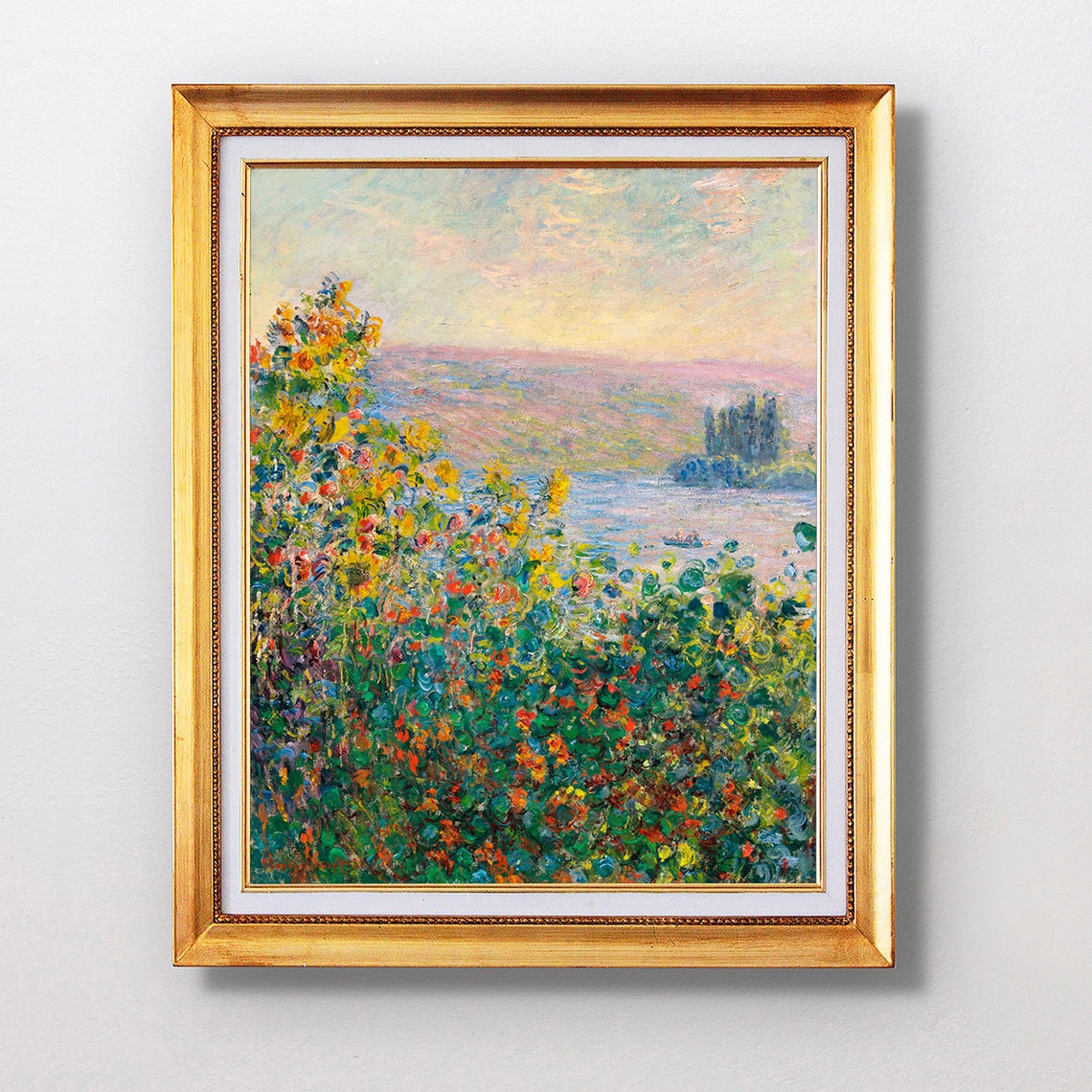 Claude Monet Flower Beds Riverside Village Scene Painting Poster