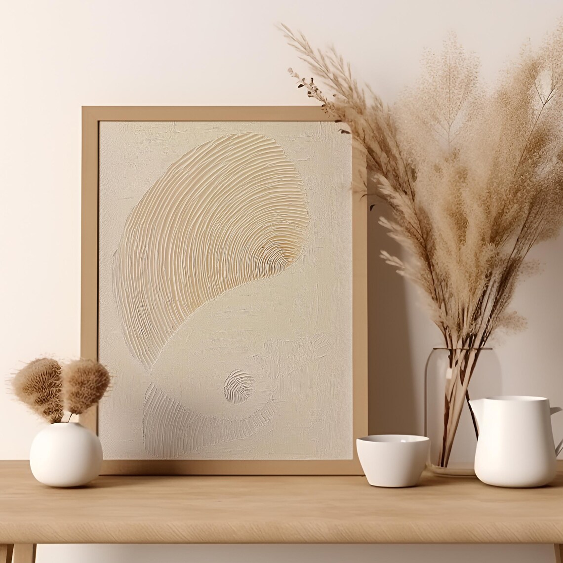 Soft Beige Yin Yang Circular Textured Minimalist Sculptural Poster