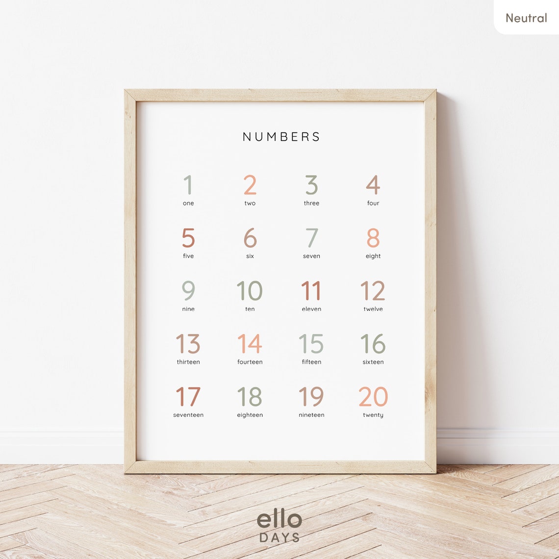 Numbers 1 To 20 Chart With Words Neutral Kids Classroom Poster