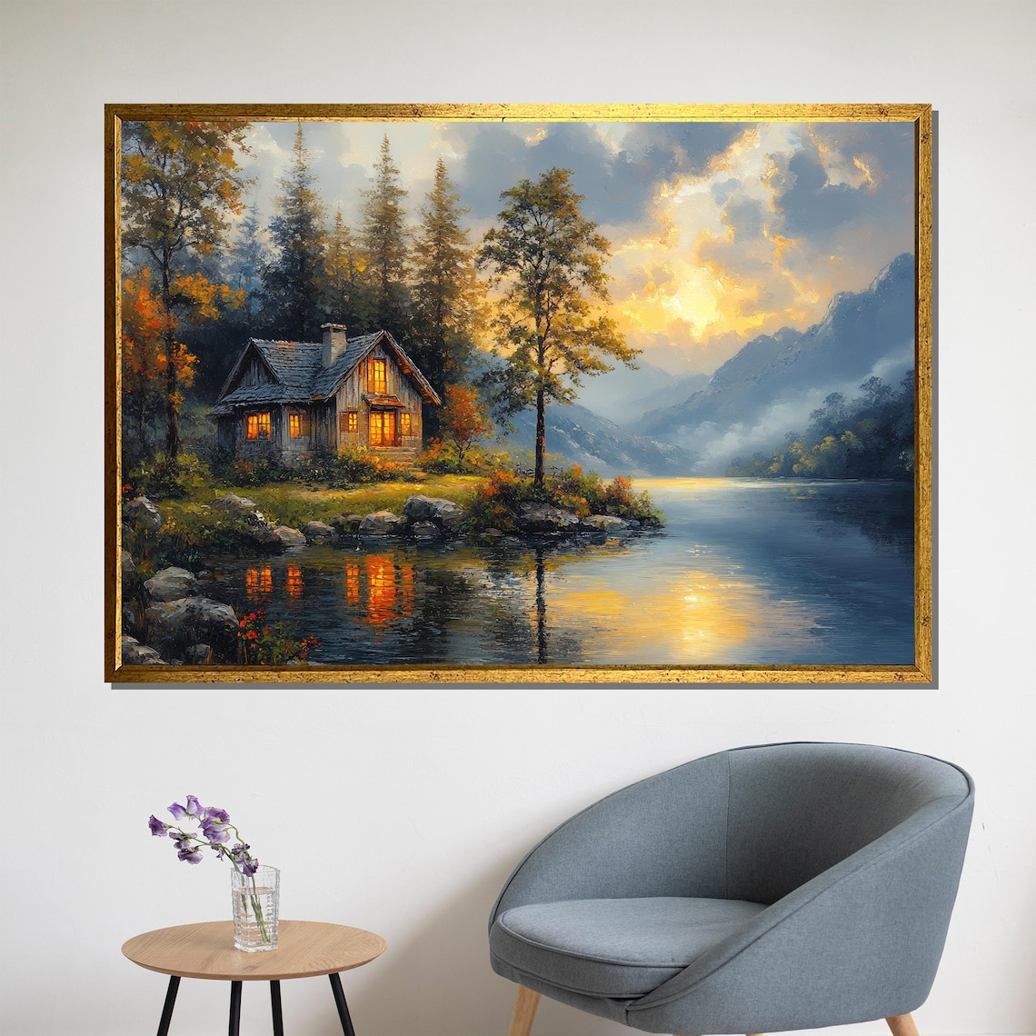 Cozy Cabin In Forest Art Print, Tranquil Landscape