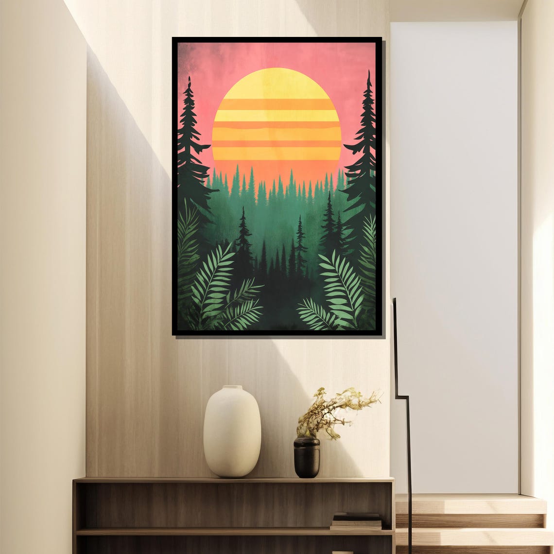 Retro Sunset Forest, Mid Century Nature Art Print - Image 2