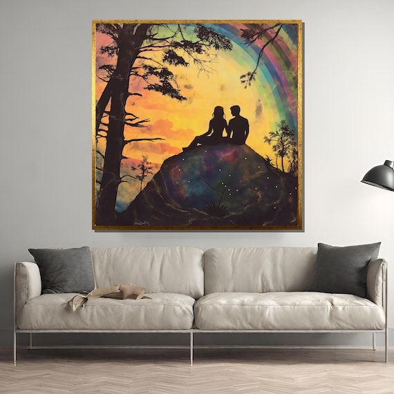 Silhouette Couple Sunset Wall Art Print, Romantic
