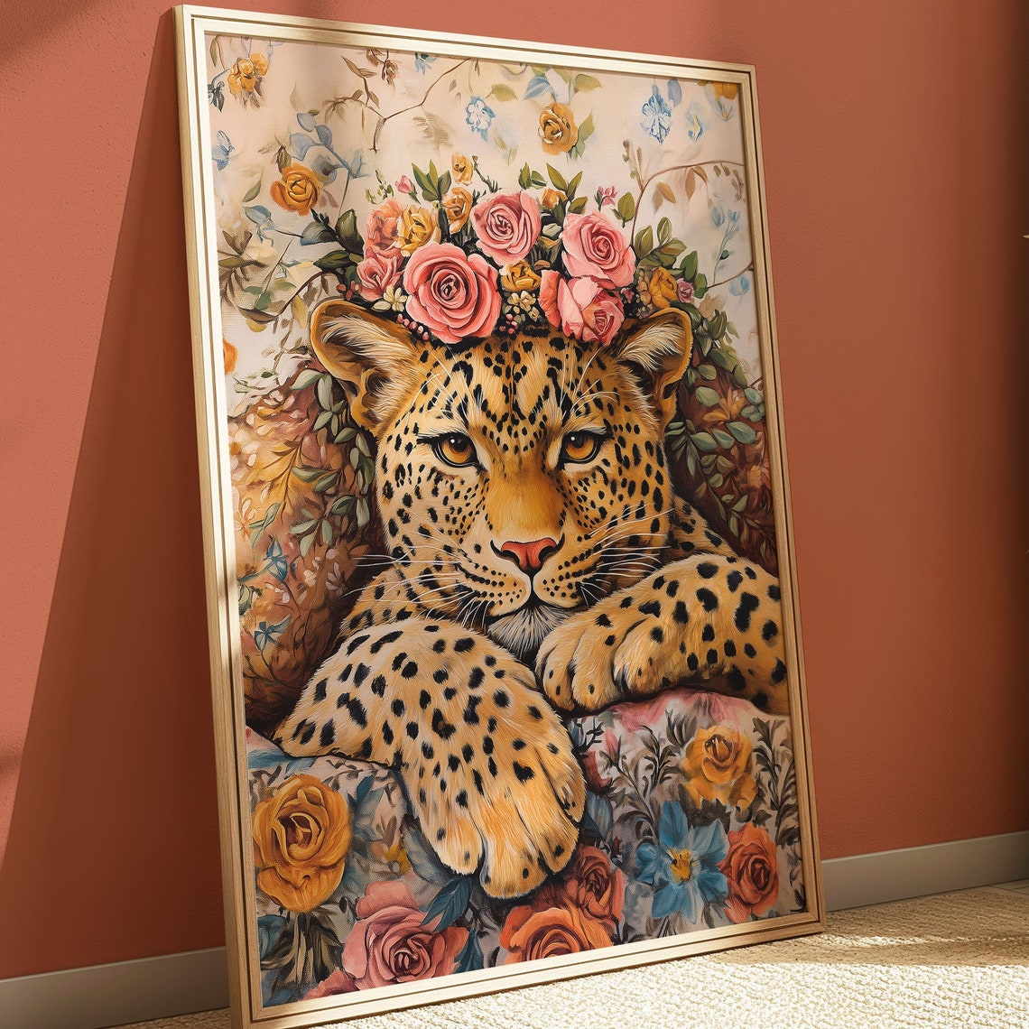 Boho Leopard With Pink Rose Crown Rustic Vintage Floral Art Poster - Image 3