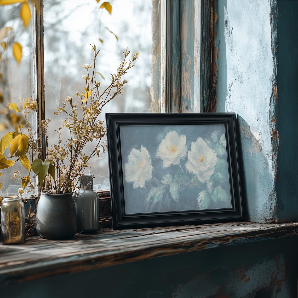 White Rose Blooms Deep Teal Background Vintage Botanical Oil Art Print - Image 4