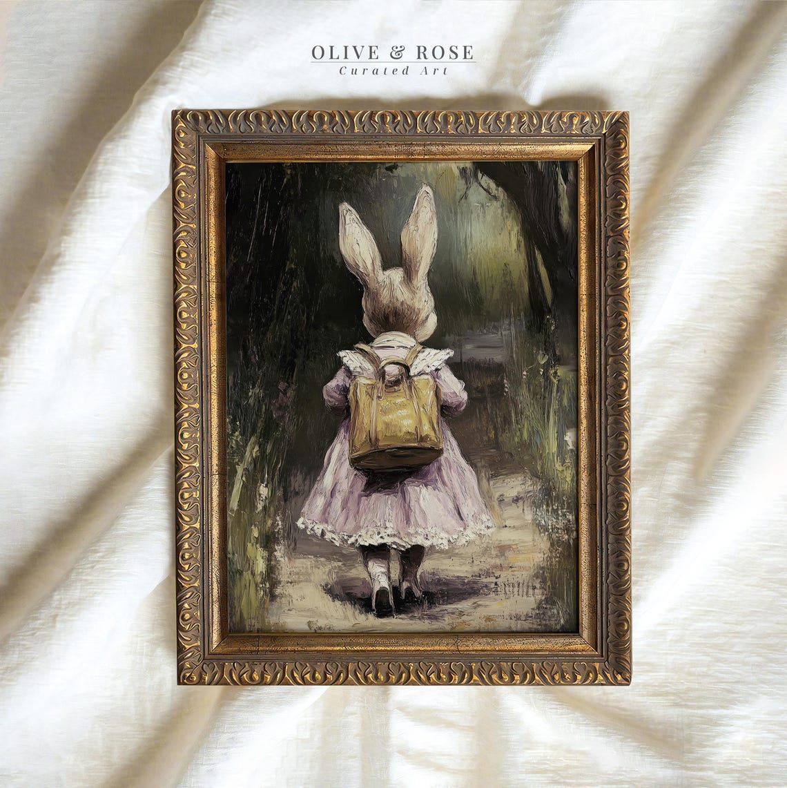Bunny Girl In Pink Dress With Backpack Forest Path Storybook Poster