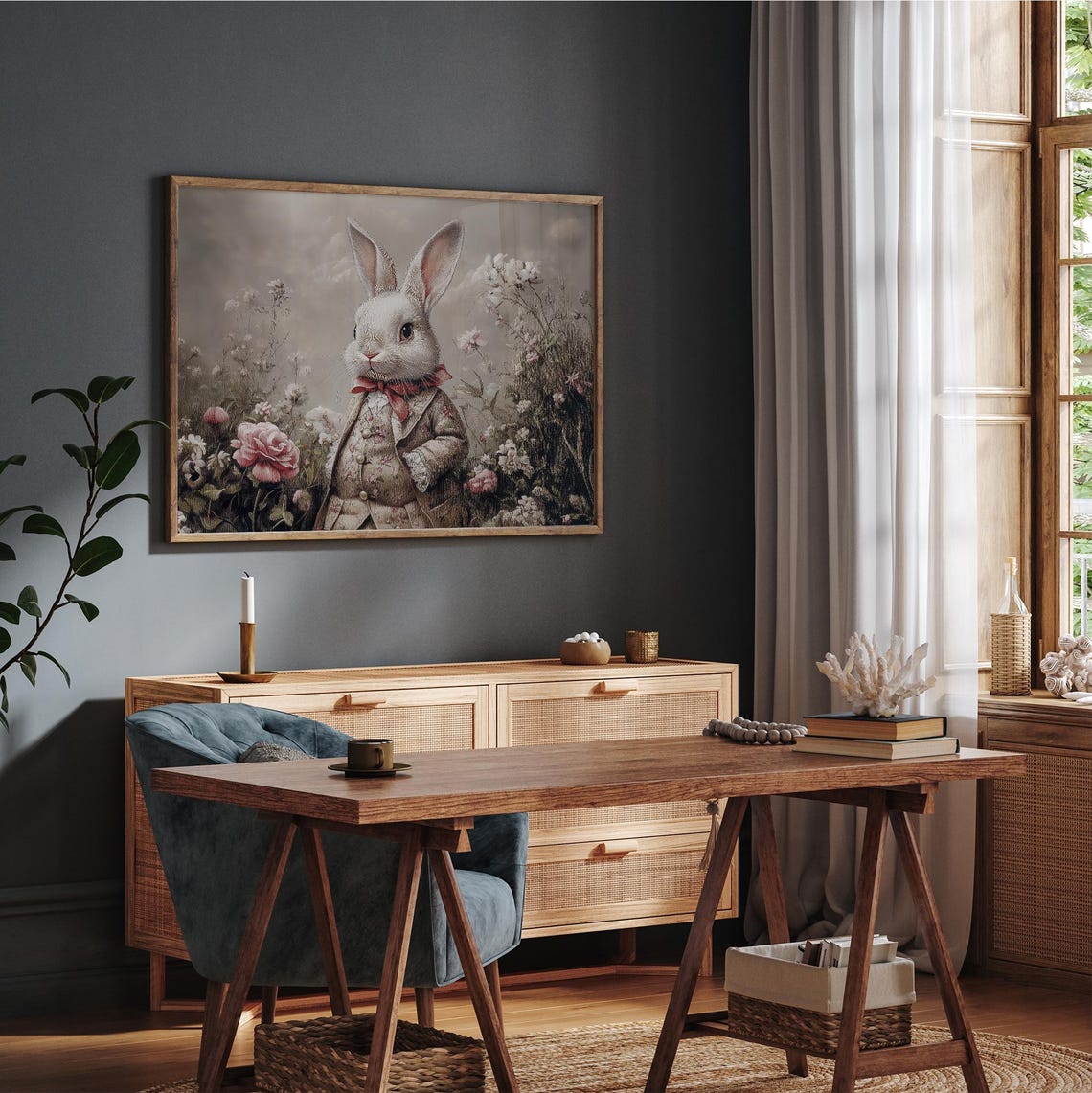 Vintage Easter Bunny In Wildflower Meadow Print Cute Rabbit Painting Wall Art Neutral Bunny Spring Decor Beige Prints - Image 2