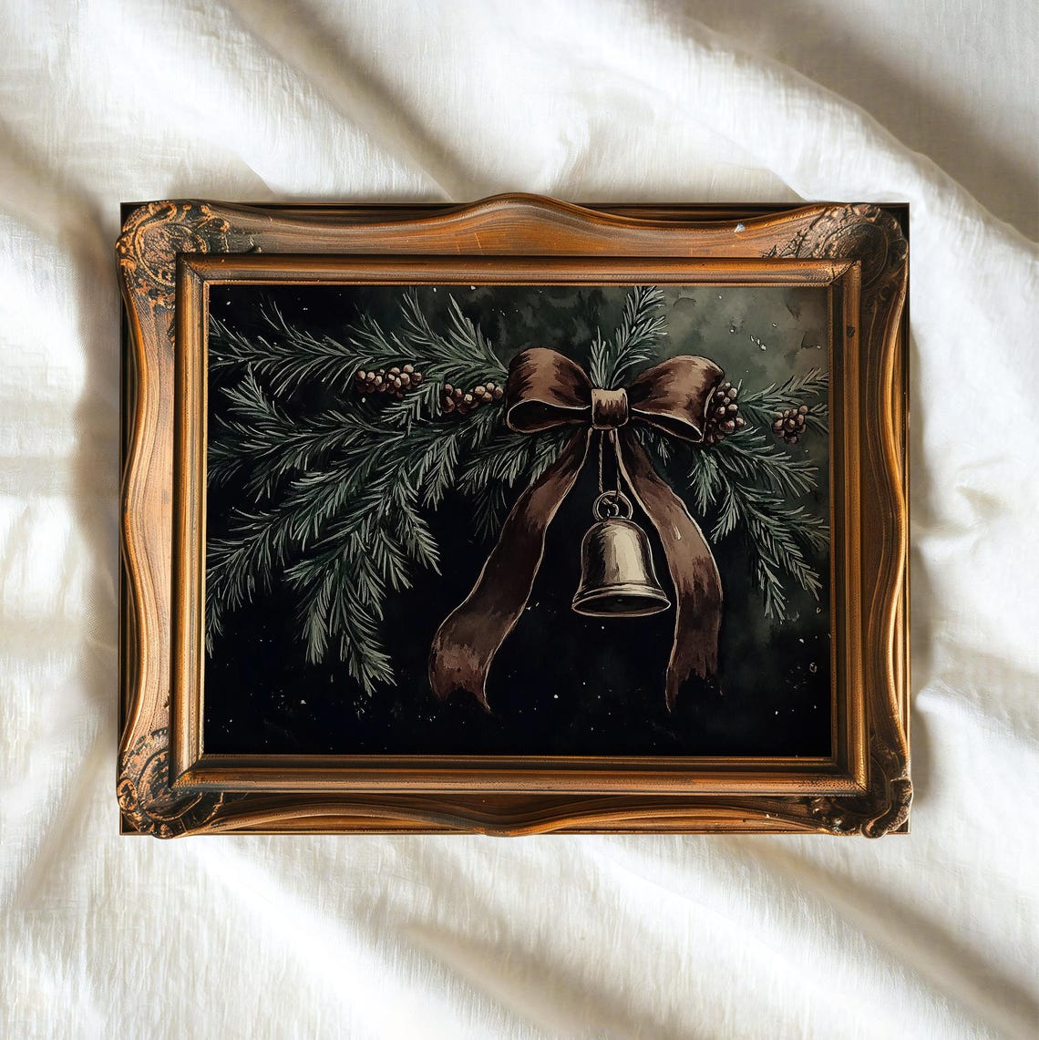 Moody Bronze Christmas Bell Evergreen Branch Bow Vintage Dark Poster - Image 3