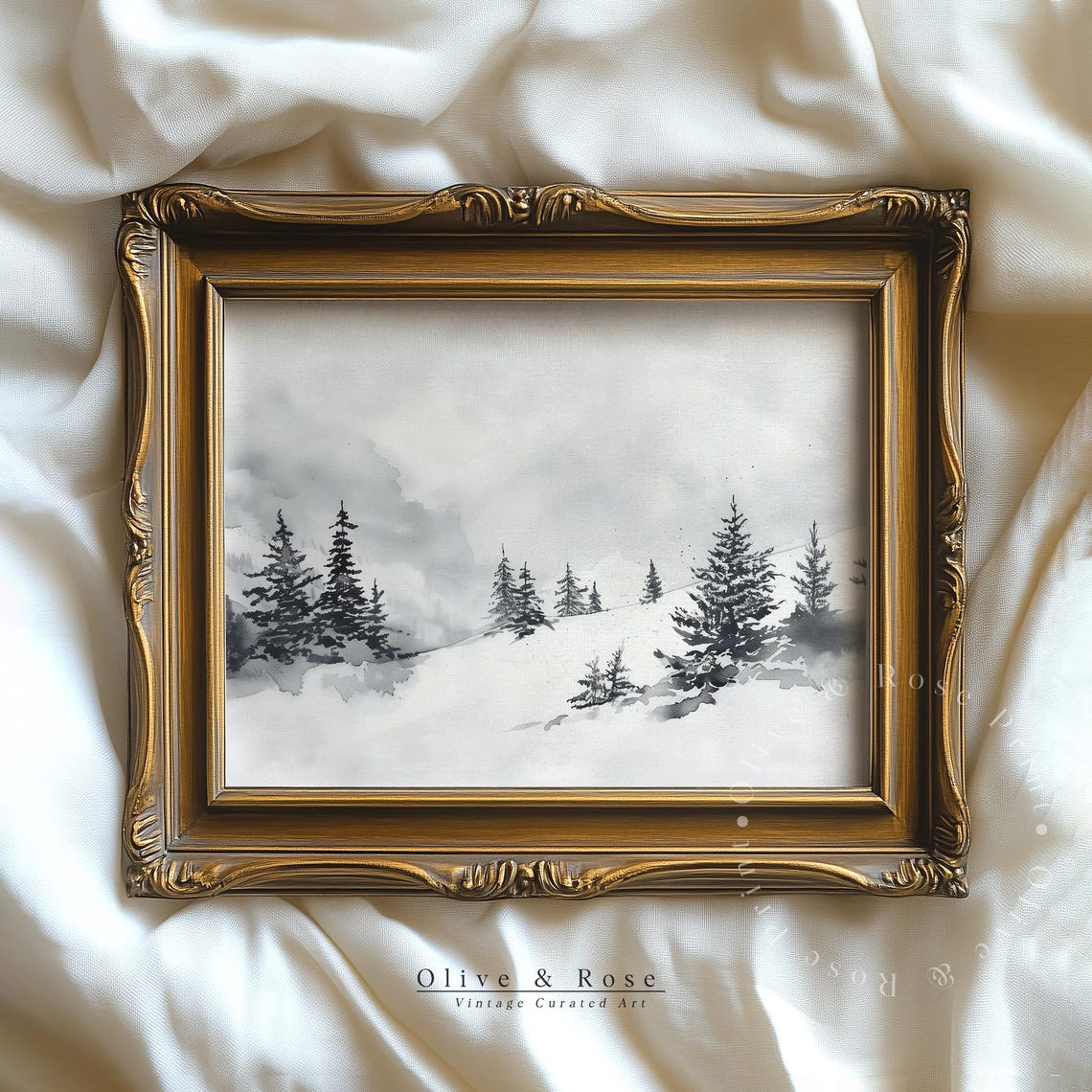 Monochrome Pine Forest Misty Snowy Hillside Watercolor Art Poster