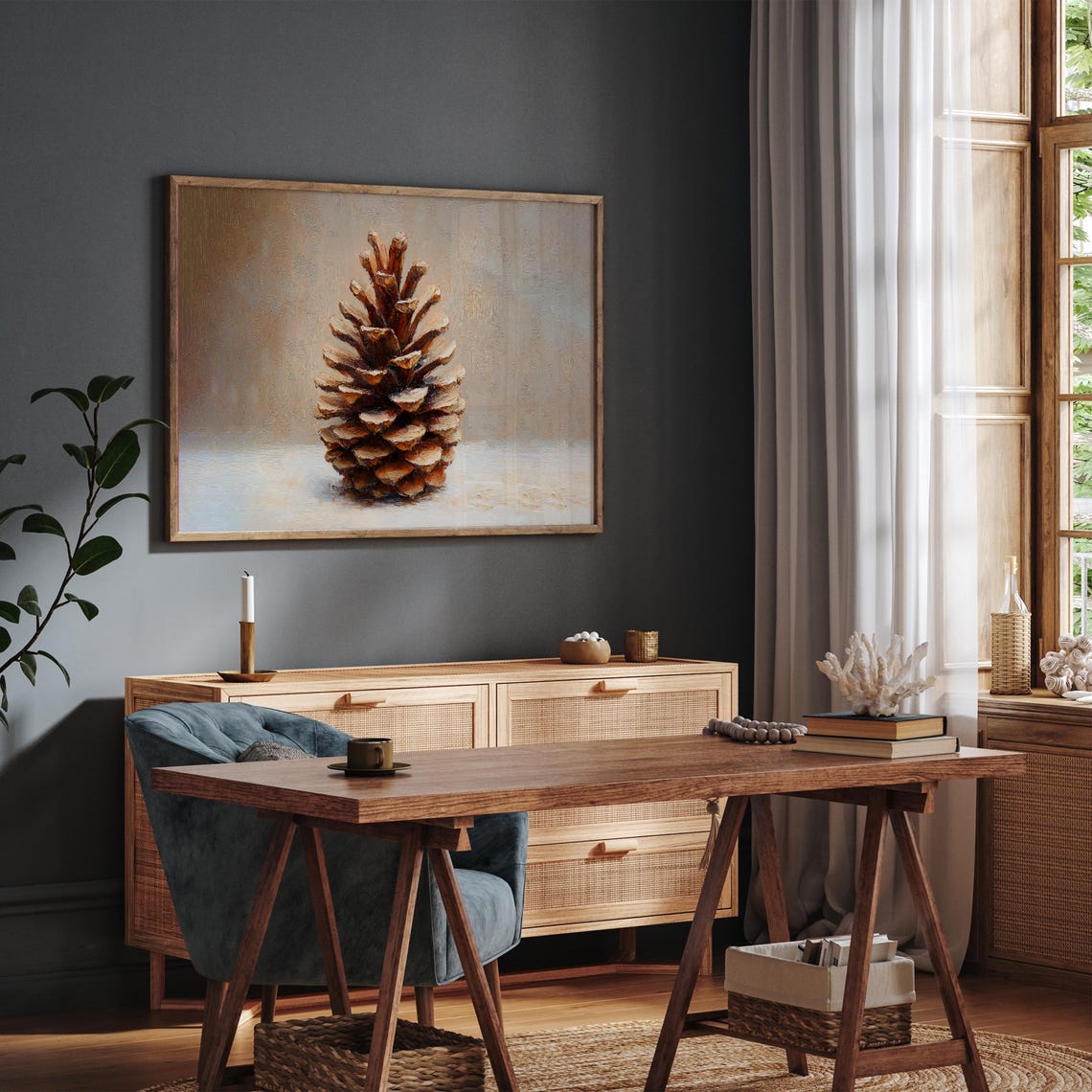 Single Pinecone Still Life Oil Painting Neutral Winter Wall Art Poster - Image 4