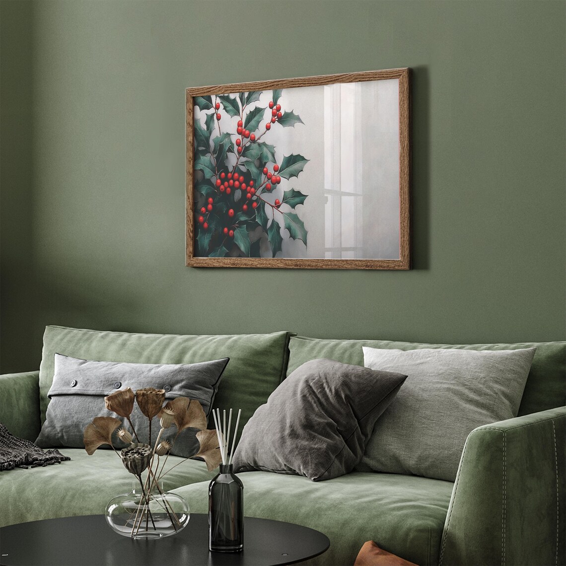 Holly Branch With Red Berries Vintage Painting Christmas Art Wall Art - Image 5