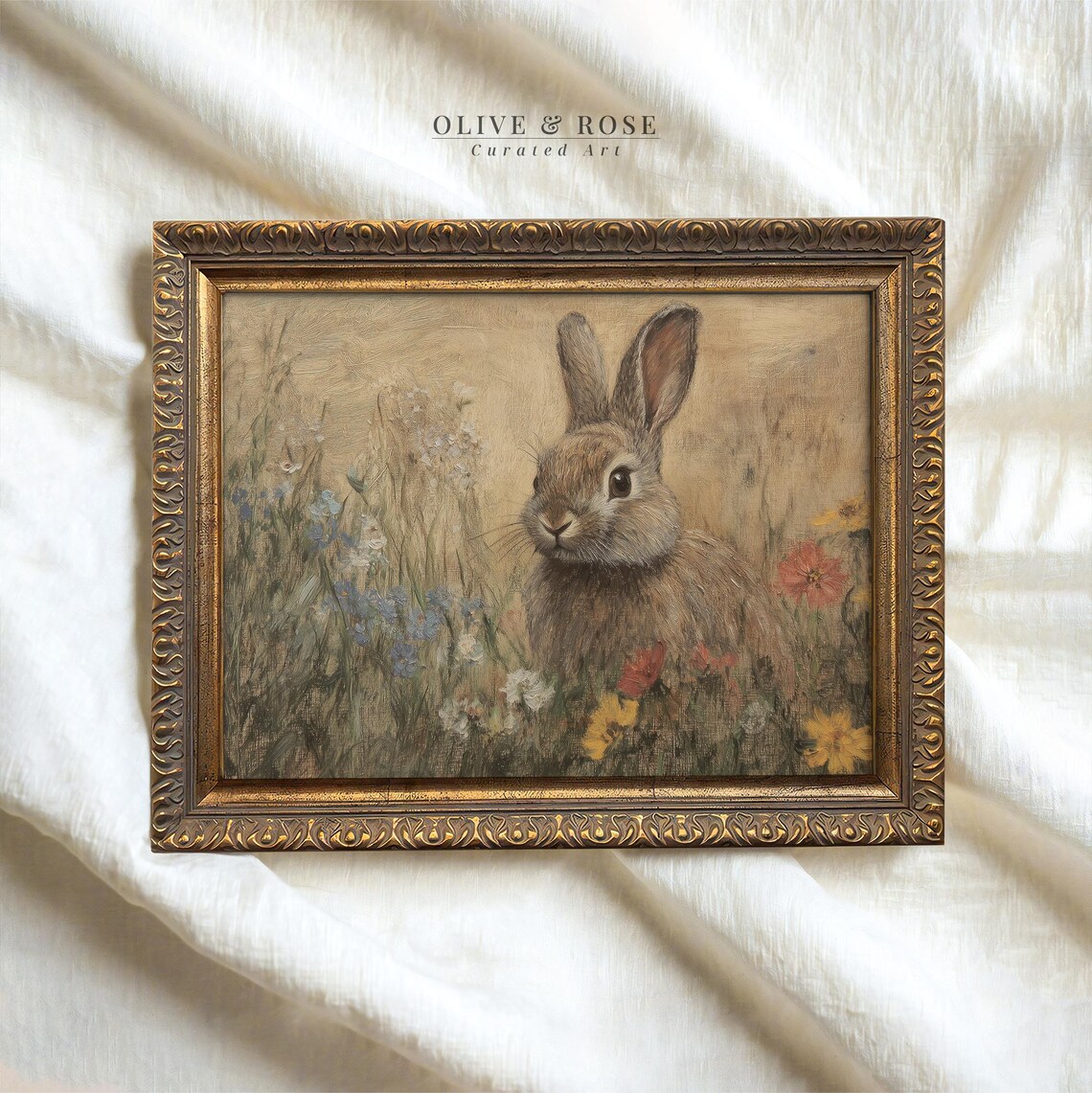 Brown Bunny Among Wildflowers Golden Impressionist Spring Nursery Wall Art