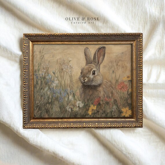 Brown Bunny Among Wildflowers Golden Impressionist Spring Nursery Wall Art
