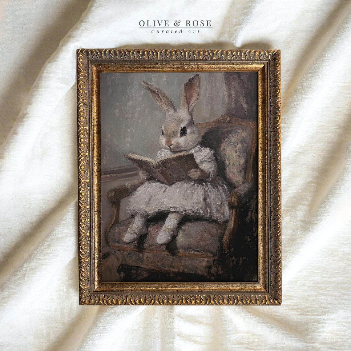 Bunny Reading Book in Armchair White Dress Vintage Nursery Wall Art