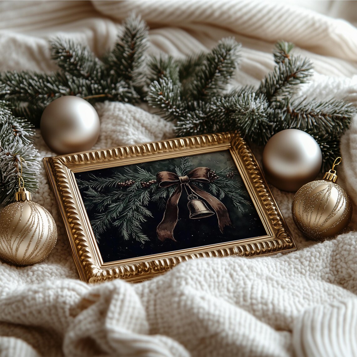 Moody Bronze Christmas Bell Evergreen Branch Bow Vintage Dark Poster - Image 4