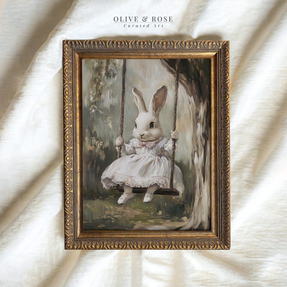 Vintage Easter Bunny On A Swing Print Cute Spring Rabbit Painting Wall Art Bunny In White Dress Prints Easter Decor