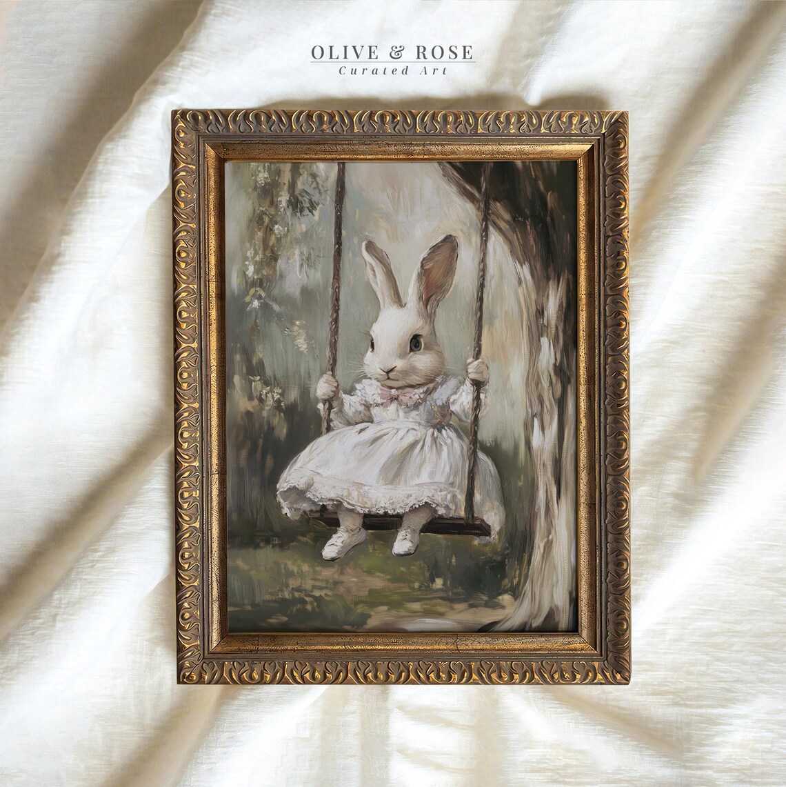 White Bunny in White Dress on Tree Swing Woodland Vintage Wall Art
