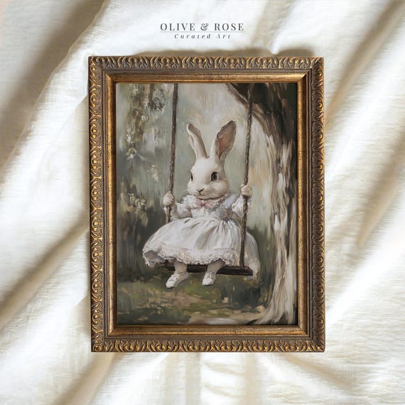 Vintage Easter Bunny On A Swing Print Cute Spring Rabbit Painting Wall Art Bunny In White Dress Prints Easter Decor