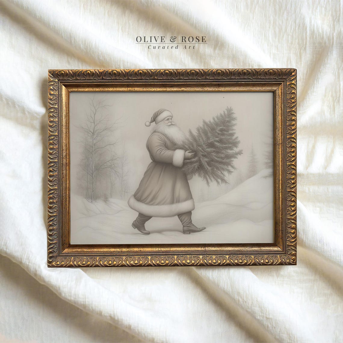 Neutral Santa Carrying Christmas Tree Snowy Sketch Vintage Art Poster